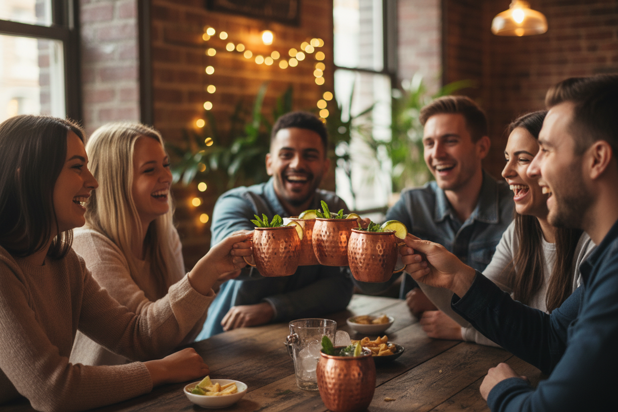 UN GRUPO DE AMIGOS TOMANDO MOSCOW MULE EN VASO DE COBRE EN UN AMBIENTE RELAJADO Y JOVIAL